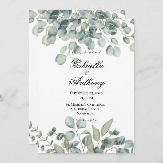 Modern Eucalyptus Greenery Wedding Invitations Kaart (Voorkant / Achterkant)