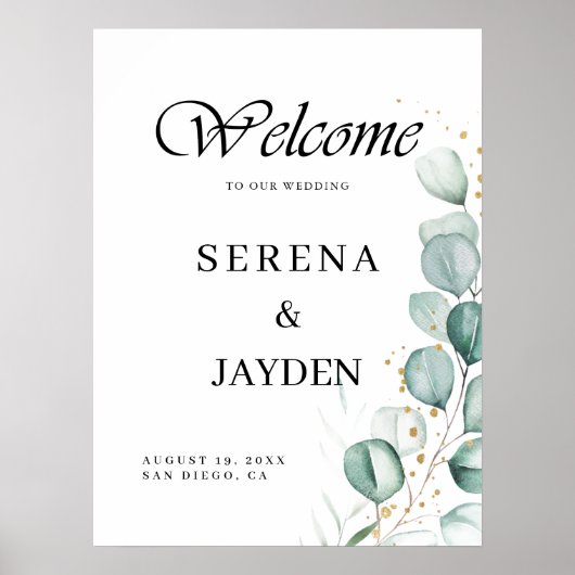 Modern Eucalyptus Greenery Wedding Welkomstbord Poster (Voorkant)