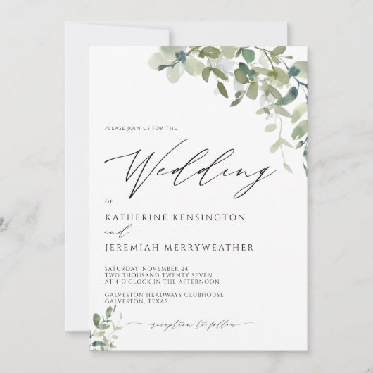 Modern Eucalyptus Greenry Script Wedding Kaart (Voorkant)