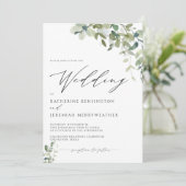 Modern Eucalyptus Greenry Script Wedding Kaart (Staand voorkant)