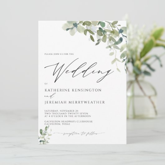 Modern Eucalyptus Greenry Script Wedding Kaart (Staand voorkant)