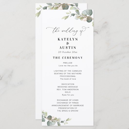 Modern Eucalyptus groen huwelijksprogramma Programmakaart (Voorkant / Achterkant)