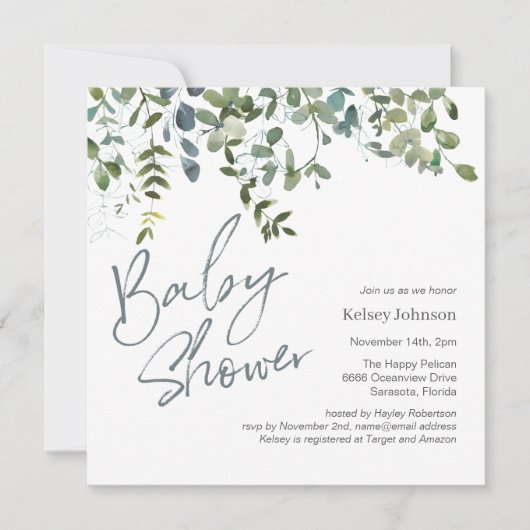 Modern Eucalyptus groen script Baby shower Kaart (Voorkant)