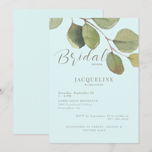 Modern Eucalyptus Ice Blue Gold Tekst Vrijgezellen Kaart (Voorkant / Achterkant)