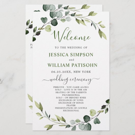 Modern Eucalyptus Krans Huwelijksceremonie Program (Voorkant / Achterkant)