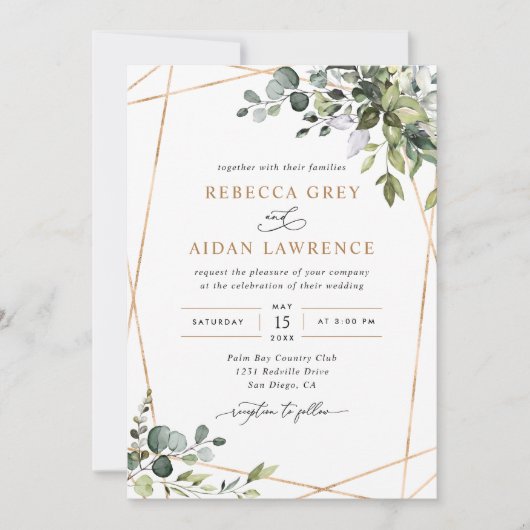 Modern Eucalyptus leest gouden bruine bruiloft Kaart (Voorkant)