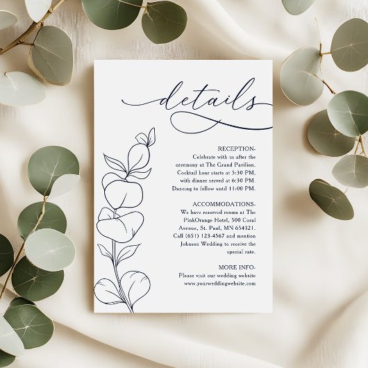 Modern Eucalyptus Navy Blue & White Wedding Detail Informatiekaartje