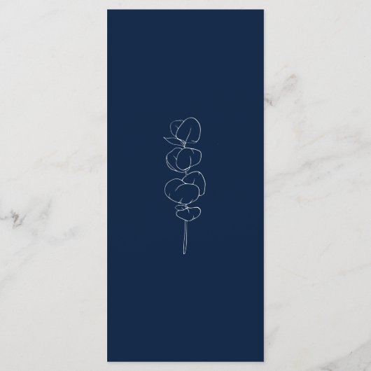 Modern Eucalyptus Navy Blue & White Wedding Dinner Menu (Achterkant)