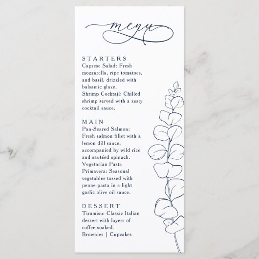 Modern Eucalyptus Navy Blue & White Wedding Dinner Menu (Voorkant)