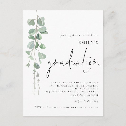 Modern Eucalyptus Script 2024 Afstuderen Invite Briefkaart (Voorkant)