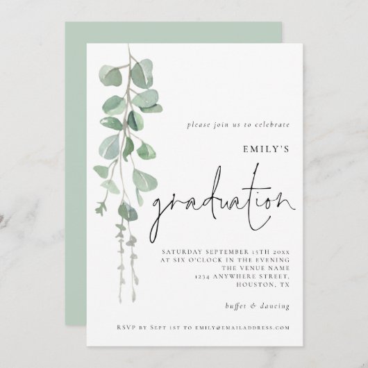 Modern Eucalyptus Script 2024 Afstuderen Kaart (Voorkant / Achterkant)