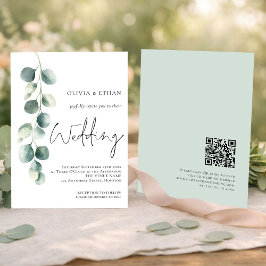 Modern Eucalyptus Script QR code Sage Wedding Kaart