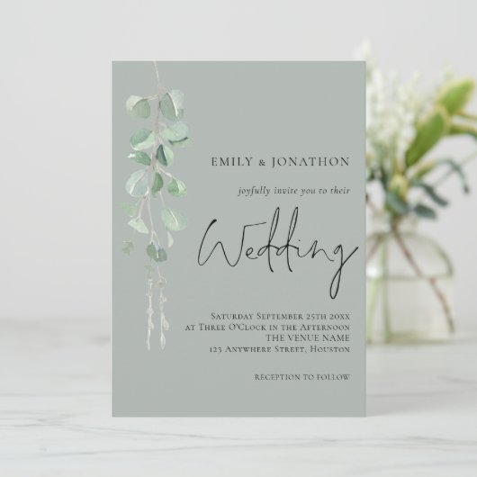 Modern Eucalyptus Script Sage Green Wedding Kaart (Staand voorkant)