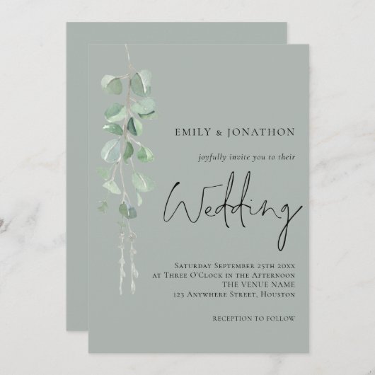 Modern Eucalyptus Script Sage Green Wedding Kaart (Voorkant / Achterkant)