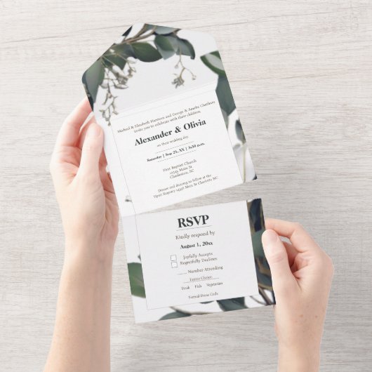 Modern Eucalyptus Wedding All In One Uitnodiging (Afscheurbaar)