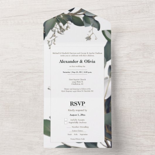 Modern Eucalyptus Wedding All In One Uitnodiging (Binnen)