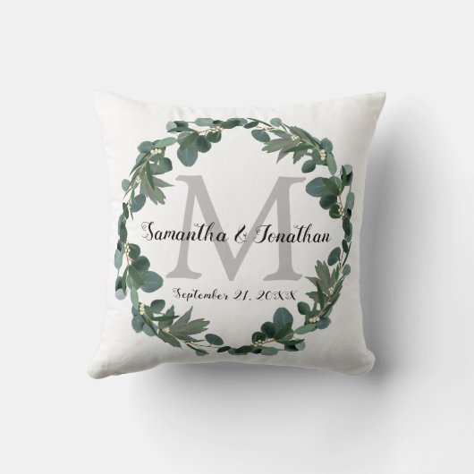 Modern Eucalyptus Wreath Monogram Weddenschap Kussen (Achterkant)