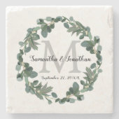 Modern Eucalyptus Wreath Monogram Weddenschap Stenen Onderzetter (Voorkant)