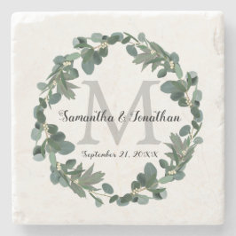 Modern Eucalyptus Wreath Monogram Weddenschap Stenen Onderzetter