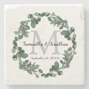 Modern Eucalyptus Wreath Monogram Weddenschap Stenen Onderzetter