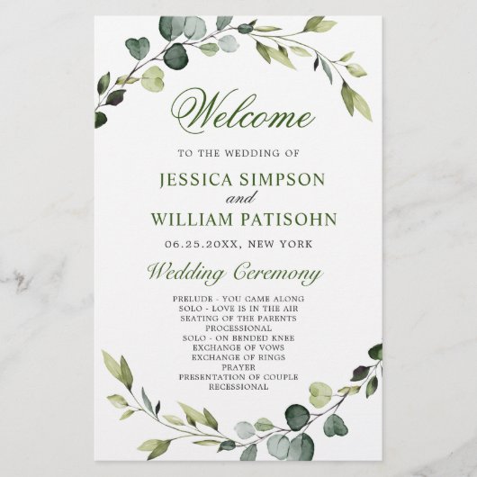 Modern Eucalyptus Wreath Wedding Ceremony Programm (Voorkant)