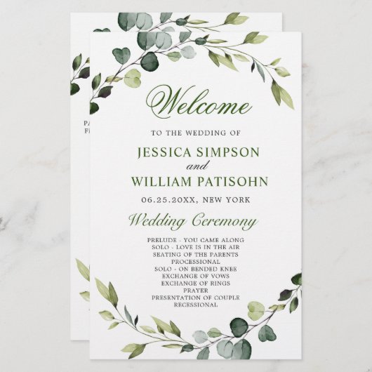 Modern Eucalyptus Wreath Wedding Ceremony Programm (Voorkant / Achterkant)