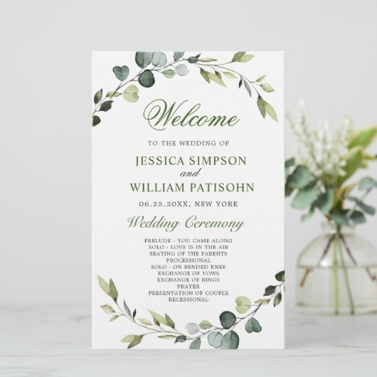 Modern Eucalyptus Wreath Wedding Ceremony Programm (Staand voorkant)