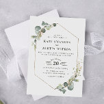 modern eucalyptuslijst bruiloft kaart<br><div class="desc">groen thema met waterverf eucalyptusfoliage en een modern goud geometrisch lijst . De tekst en de kleuren kunnen worden gepersonaliseerd om uw trouwthema aan te passen.</div>