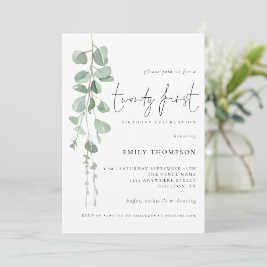 Modern Eucalyptusscript 21st verjaardag Kaart (Staand voorkant)