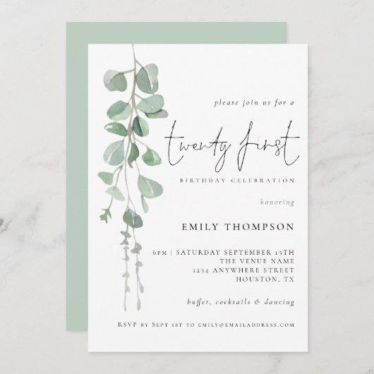 Modern Eucalyptusscript 21st verjaardag Kaart (Voorkant / Achterkant)