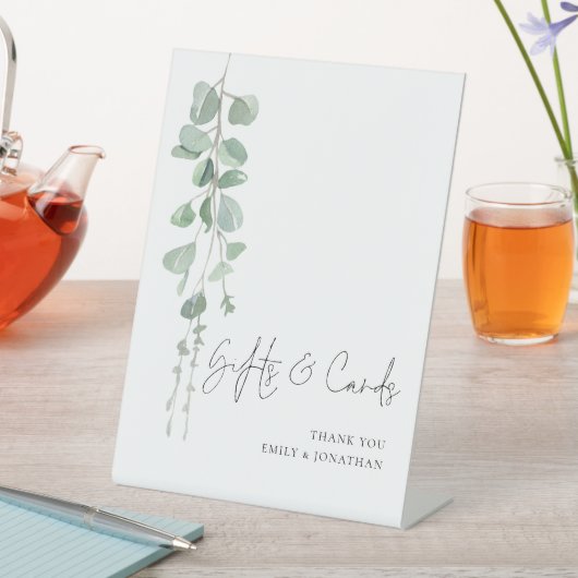 Modern Eucalyptusscript geeft kaartjes bruiloft Reclamebord Met Voetstuk (Insitu)