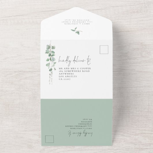 Modern Eucalyptusscript huwelijk All In One Uitnodiging (Buitenkant)