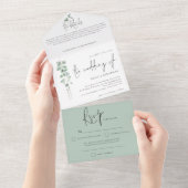 Modern Eucalyptusscript huwelijk All In One Uitnodiging (Afscheurbaar)