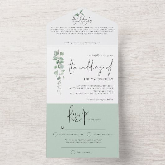 Modern Eucalyptusscript huwelijk All In One Uitnodiging (Binnen)