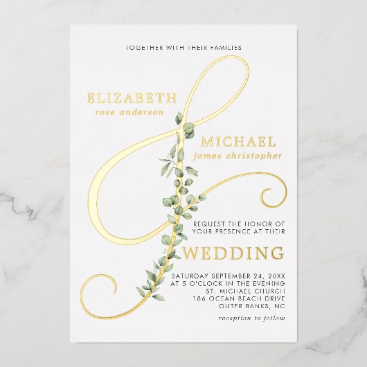 Modern Eucalytpus Ampersand Photo Wedding Gold Folie Uitnodiging (Voorkant)