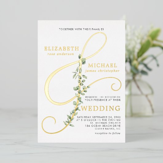 Modern Eucalytpus Ampersand Photo Wedding Gold Folie Uitnodiging (Staand Voorkant)