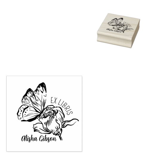 Modern Ex Libris Bloem Vlinder, Boek Rubberstempel (Gestempeld)