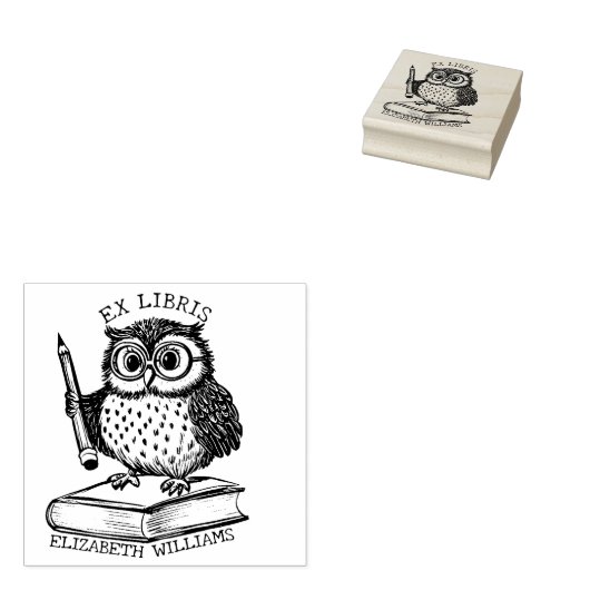 Modern Ex Libris Uil met Boek, Aangepaste Biblioth Rubberstempel (Gestempeld)