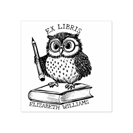 Modern Ex Libris Uil met Boek, Aangepaste Biblioth Rubberstempel (Afrduk)