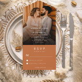 Modern Fading Photo Terracotta Simple RSVP Wedding All In One Uitnodiging