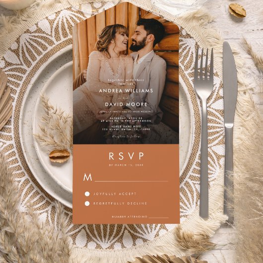 Modern Fading Photo Terracotta Simple RSVP Wedding All In One Uitnodiging
