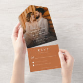 Modern Fading Photo Terracotta Simple RSVP Wedding All In One Uitnodiging (Afscheurbaar)