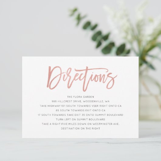 Modern Fairytale Roos Gold Wedding Direction Kaart (Staand voorkant)