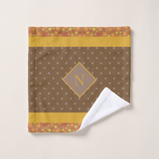Modern Fall Leaves Monogram Brown Polka Dot Bad Handdoek (Wasdoekje)