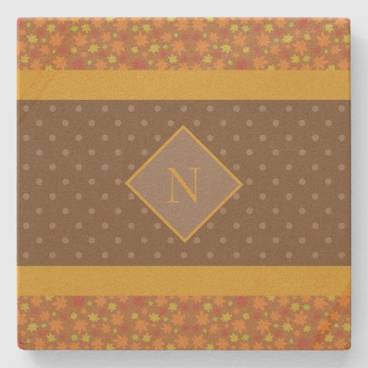 Modern Fall Leaves Monogram Brown Polka Dot Stenen Onderzetter (Voorkant)
