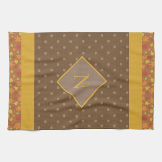 Modern Fall Leaves Monogram Brown Polka Dot Theedoek (Horizontaal)