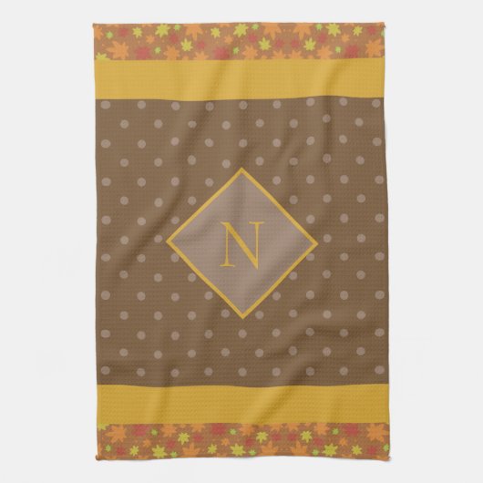 Modern Fall Leaves Monogram Brown Polka Dot Theedoek (Verticaal)