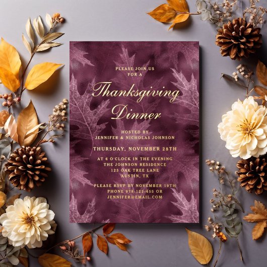 Modern Fall Leaves Thanksgiving Dinner Party Gold Folie Uitnodiging