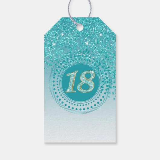 Modern Falling Blauwgroen Blue Glitter 18e verjaar Cadeaulabel (Achterkant)