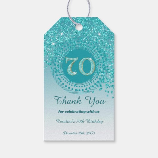 Modern Falling Blauwgroen Blue Glitter 70e verjaar Cadeaulabel (Voorkant)
